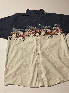 Men's Two-Tone Navy and Cream Button-Down Shirt with American Flag Horse Print